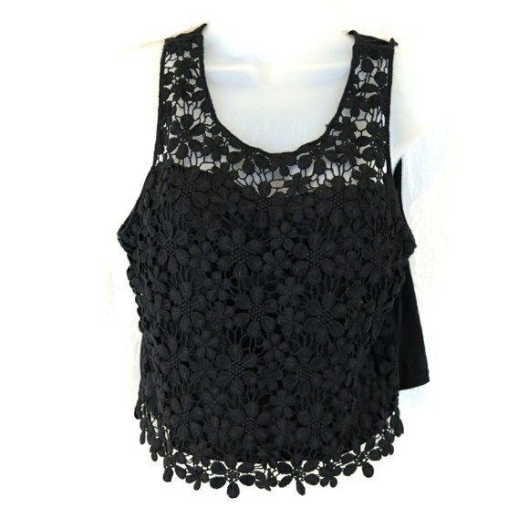 LA Hearts Black Lace Overlay Crop Top Shirt Blouse Med Medium M y2k - Picture 1 of 9